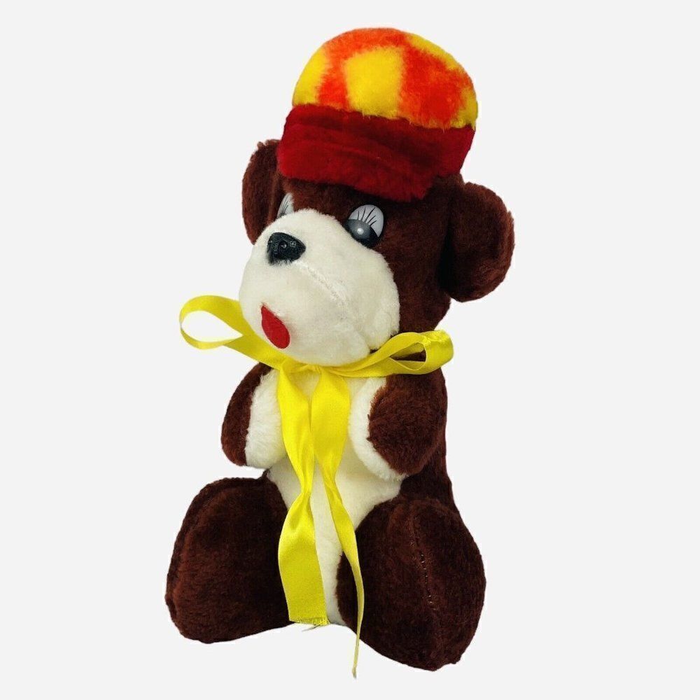 Vintage 1970s Ajean Toy Mfg 10" Brown White Bear Puppy Dog Checkered Hat Plush